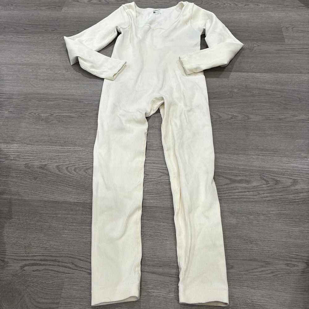 CURLADY Womens Yoga Ribbed Jumpsuit Rompers Longsleeve Sport Ivory Size XL